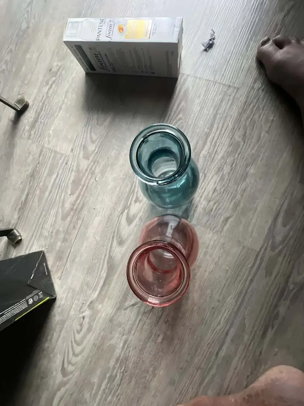 Set of 2 Vintage Style Colored Glass Bud Vases Pink and Blue